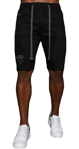 Bermuda Jogger Preta Destroyed Skinny Com Cordão Masculina