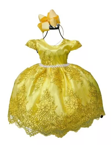 VESTIDO INFANTIL PRINCESA BELA E A FERA AMARELO C/ PÉROLAS