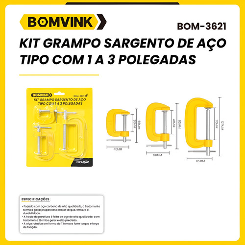 Kit 3 Grampos Sargento Tipo C 1 2 3 Polegadas Multiuso Aço