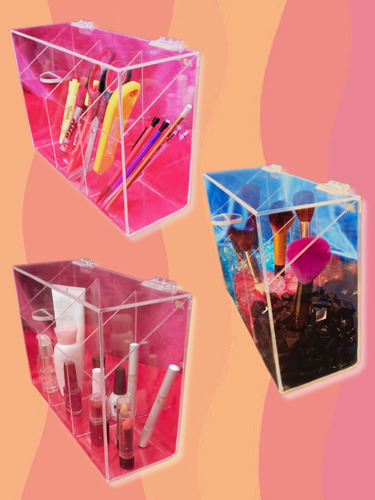 Organizador 3 Div De Brochas Acrílico Con Tapa