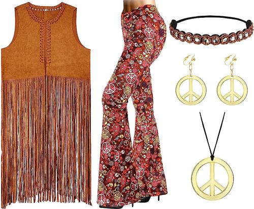 Disfraz Hippie Los Años Para Mujer Chaleco Bohemio Con Fleco