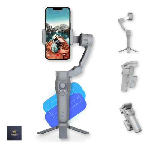 Estabilizador Gimbal Para Celular Câmera Com Fotos Profissionais Gollden Store Dobrável Luz Led Portátil Recarregável Mini Tripé Gs Cinza