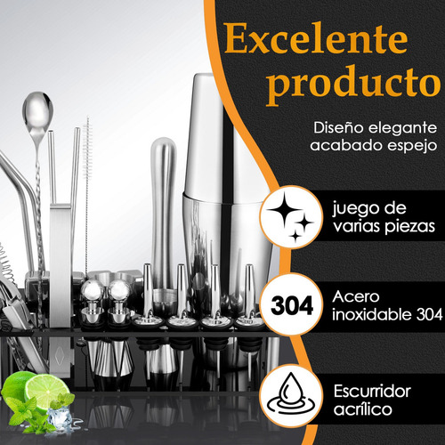 Kit De Coctelería Para Bartender 26 Pz Accesorios Inox 750ml