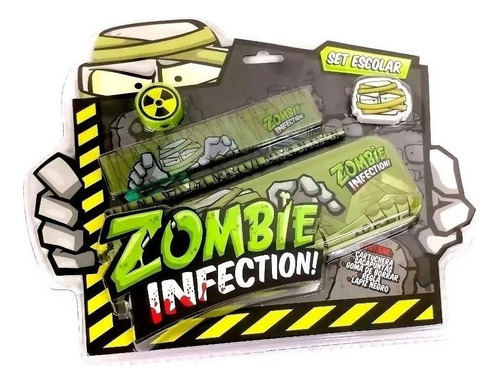 Set Escolar Zombie Infection Cartuchera C/ Goma Lapiz Regla Color Verde