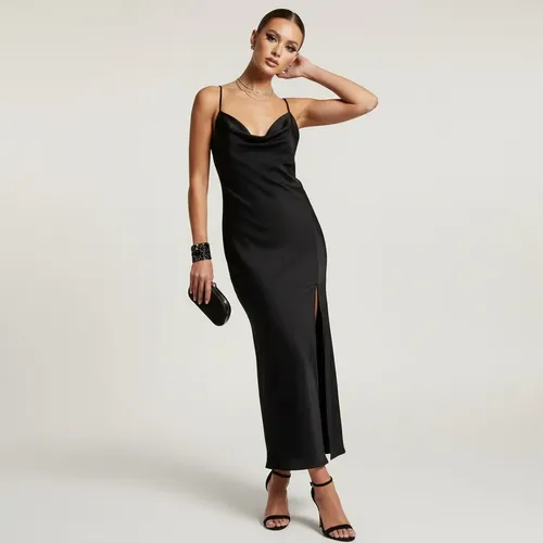 Vestido Midi Feminino Fenda Slip Dress Gola Degâge Costa Nua