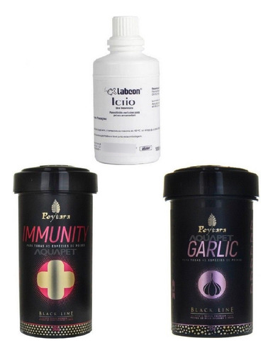 Kit Ração Peixe Garlic 35g+ Immunity 90g+ Ictio 100ml Alcon