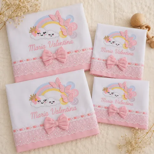 Kit 4 Peças Bebê 2 Passeio 2 Boca Bordado Personalizado Rosa