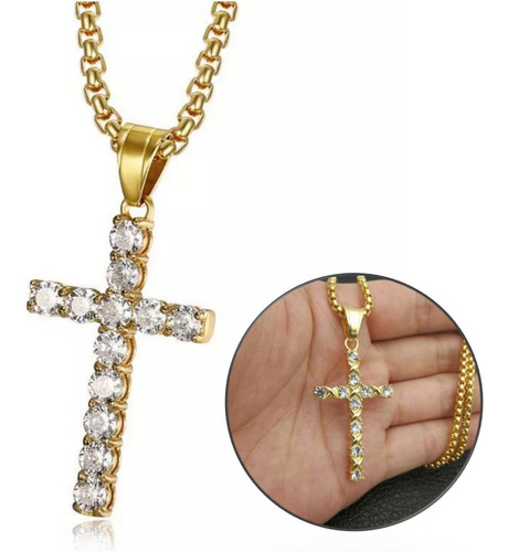 Colar Cordão Crucifixo Cruz Zircônias Dourado Banhado A Ouro