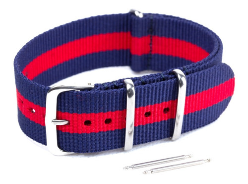 Pulseira Relógio Nato Nylon 24mm Azul Mar. Vermelho 3 Anéis 