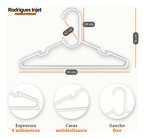 Cabide Infantil Acrilico Kit 100 Transparente Organizador Reforçado Rodrigues Injet