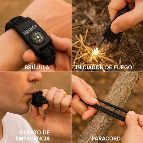 Pulsera Supervivencia 6 En 1 Con Navaja Brújula Y Pedernal Negro