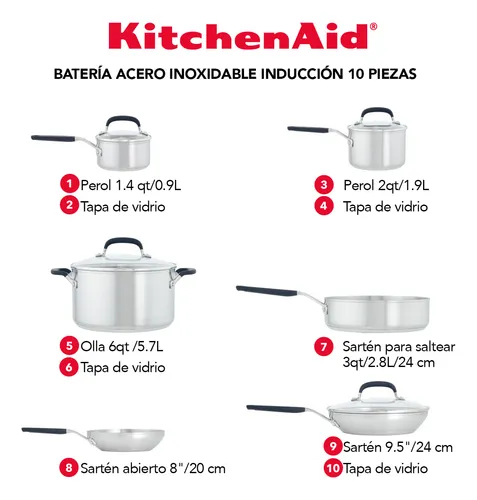 Batería de Cocina KitchenAid 71017 10 Piezas Acero Inoxidabl Color Acero Inoxidable
