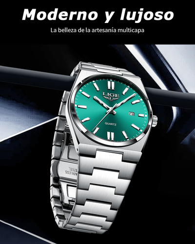 Reloj De Cuarzo Hombre Analógico Relojes Pulsera Moda Watch Correa Plateado Bisel Plateado Fondo Verde