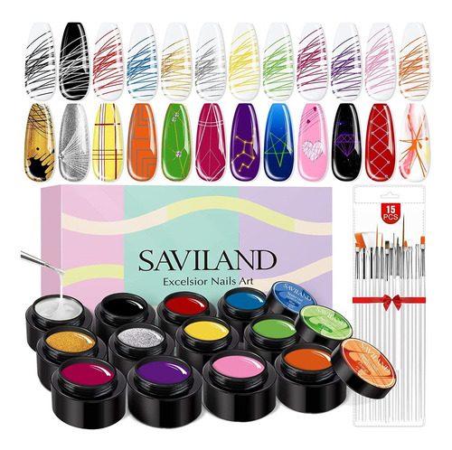 Saviland, Gel Spider Para Uñas, 12pzs. Y Pinceles, Acrílicas