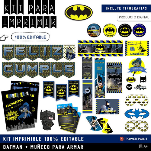 Kit Imprimible Cumpleaños + Candy Editable - Batman