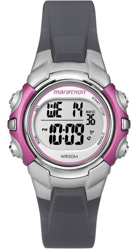 Reloj De Pulsera De Mujer Marathon By Timex T5k646 Digital M Color de la correa Gris oscuro Color del bisel Plata con Rosa Color del fondo Gris