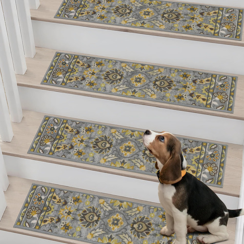 Alfombra De Escalera Cosy Homeer 20 X 76 Cm Antideslizante 0 Mm 0 Cm Diseño De La Tela Gris/amarillo
