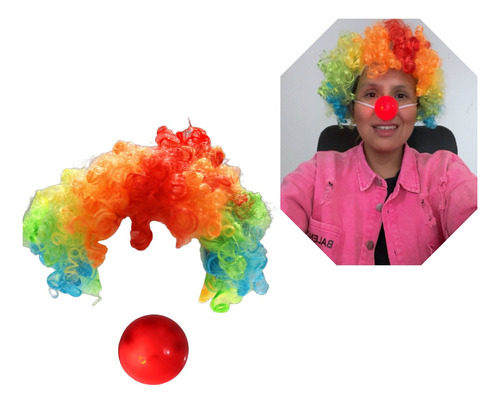 2 Disfraz Payaso Peluca Afro Y Nariz Luz Mayoreo