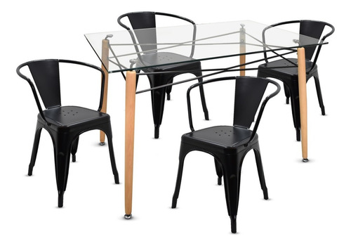 Juego Comedor Mesa Eames Vidrio + 4 Sillas Tolix Metalicas