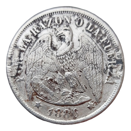 Moneda De 1 Peso Águila De 1886 Plata Chile, Fecha Difícil 