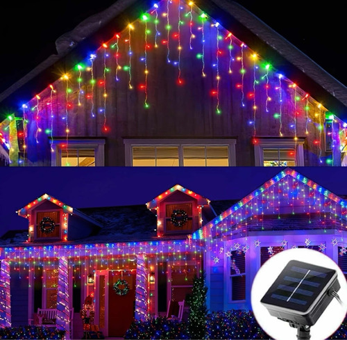 Luces De Navidad Cascada Multicolor Solar 10 Metros 500 Leds