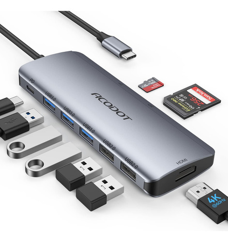 Hub Usb C, Acodot 9 En 1 Usb C A 4k @60hz Hdmi Multipuert...