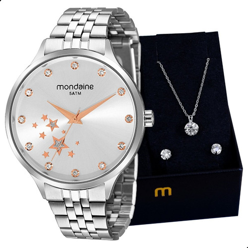 Relógio Mondaine Feminino Analógico Bicolor + Colar E Brinco