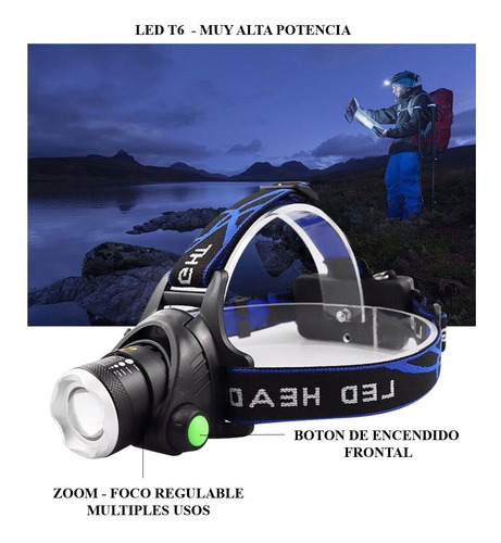 Imagen 3 de 10 de Linterna 1 Led Zoom Vincha Minero Cabeza Recargable Militar