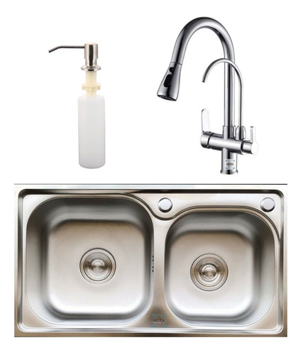 Imagen 2 de 3 de Pileta Y Media + Dispensador + Grifería Negra Filtro Acra