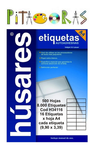 500hojas Etiquetas Autoadhesivas Husares H34116 A4 9,90x3,39