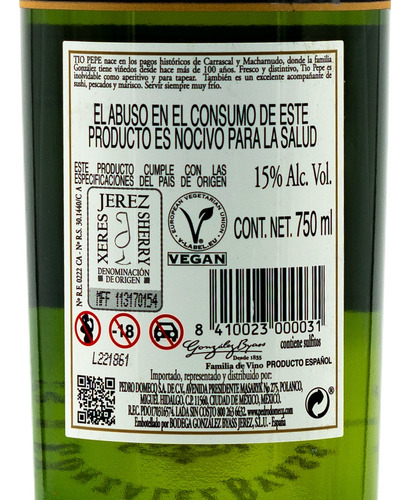 Jerez Tío Pepe Palomino Fino | 15% Vol. Alc. | 750ml.