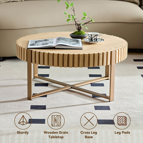 Mesa De Centro Redonda 80 Cm Madera Maciza Patas Acero Inoxi