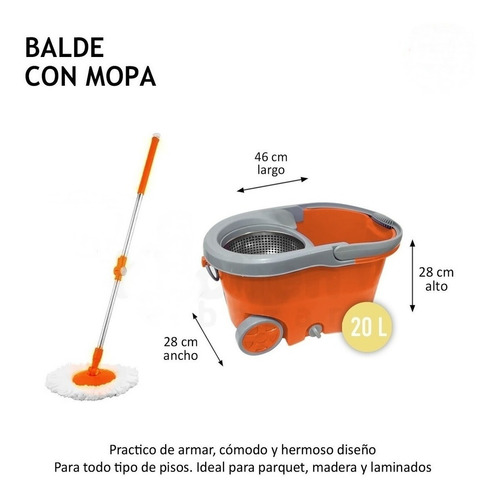 Imagen 5 de 5 de Balde Mopa Lampazo Centrifugo Acero Giratorio Con 2 Mopas