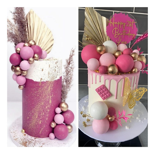 Cake Toppers De Globos Fuccia Rosa Blanco Y Dorado 32pz Rosa, Dorado Y Blanco Liso