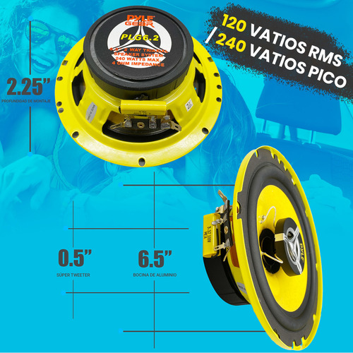 Altavoces para Auto 6.5 Pulgadas Pyle de 2 Vías, 240 Vatios, 4 Ohmios, Tweeter de Medios, Estructura de Imán de 30 Oz, Profundidad de Montaje de 2.25” Compatible con OEM Estándar