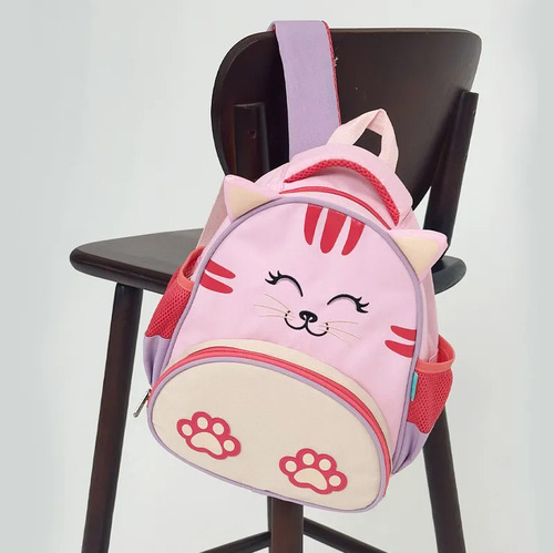Mochila Infantil Petit Piá Lia: Compartimento Térmico Cor Rosa Desenho Do Tecido Gatinho