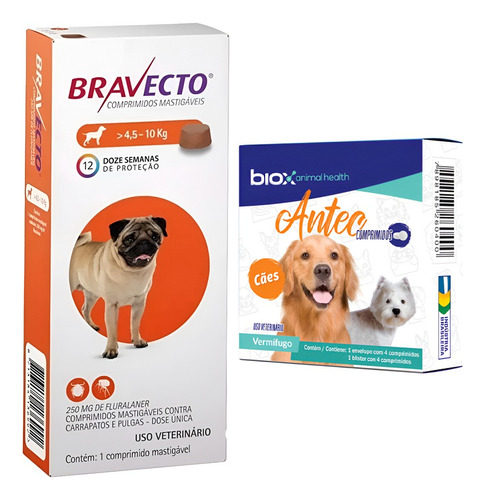 Bravecto 250mg De 4,5 Até 10kg 12 Semanas + Antec Biox 04 Cp