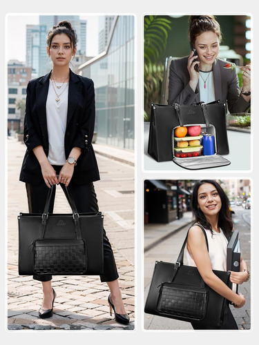 Bolsa Feminina para notebook com compartimento Térmico para Almoço Bolsa Tote Executiva PU Couro 15,6 Polegadas Mochila Conversível Leve para Trabalho e Escritório, Matein 1447 Cor Preto