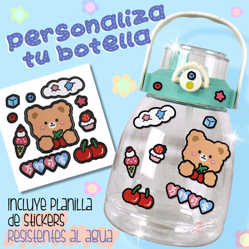 Imagen 5 de 8 de Botella Para Agua 1400 Ml Correa Stickers Kawaii 600974