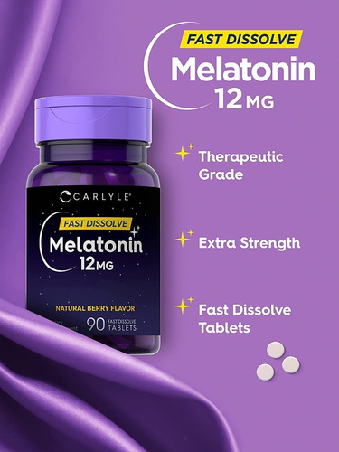 Carlyle Melatonina 12 Mg De Disolución Rápida 90 Tabletas, Ayuda A Fomentar Hábito De Descanso, Sabor Natural A Bayas, Probado En Laboratorio, Ingredientes De Confianza, Calidad Superior, Vegetariano