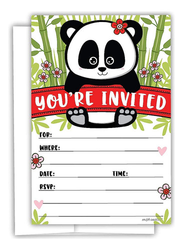 Invitaciones De Panda (20 Unidades) Con Sobres - Cumpleaños 
