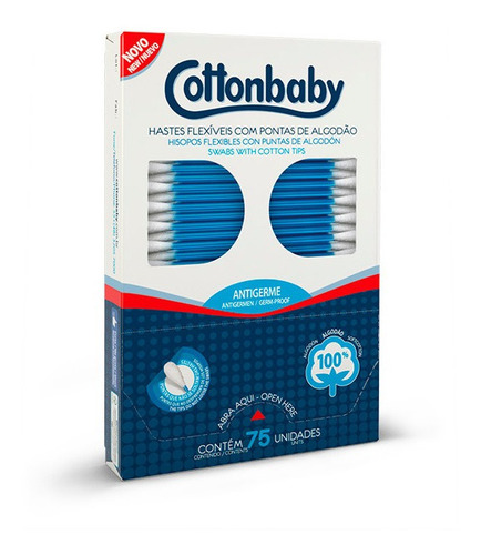 Imagem 1 de 2 de Hastes Flexíveis De Algodão Cottonbaby Caixa Com 75 Unidades