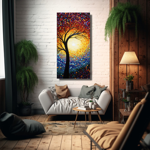 25x50cm Cuadro De Puntillismo Y Colores Del Atardecer Flores