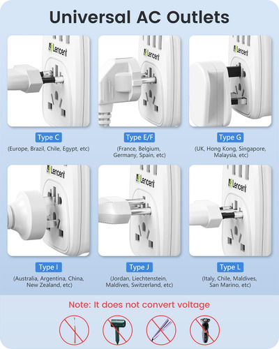 Adaptador De Enchufe Lencent World To Us Con 3 Usb Y 1 Pd Ty