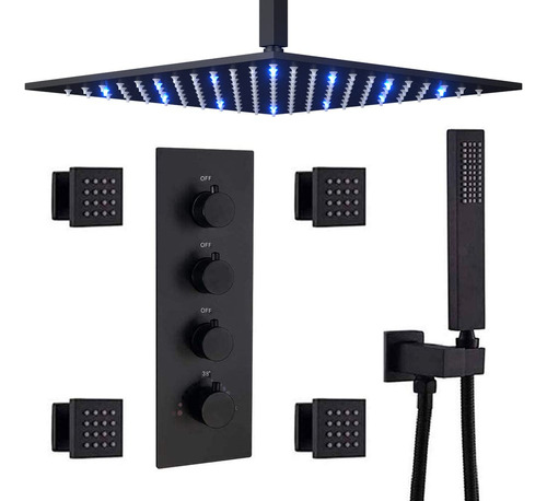 Sistema Ducha Termostatico Negro Mate 16  Cabezal Led Techo