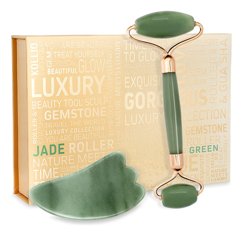 Jade Roller Set Kollio 5 En 1 Con Masajeador Facial Gua Sha