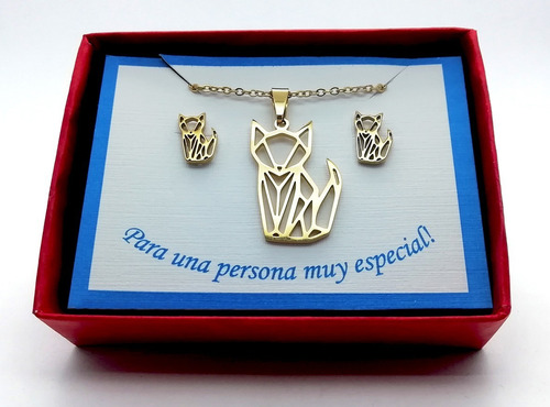 Imagen 2 de 4 de Juego Collar Y Aretes Diseño Gatos Chapa De Oro 22k M3130