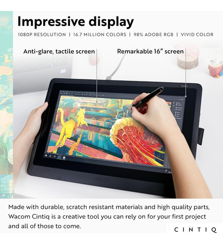Tableta De Dibujo Wacom Cintiq 16 Con Pantalla, 15.4 Full Hd