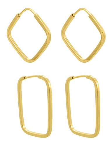 Kit Brinco Ouro 18k Argola Quadrada + Retangular Promoção