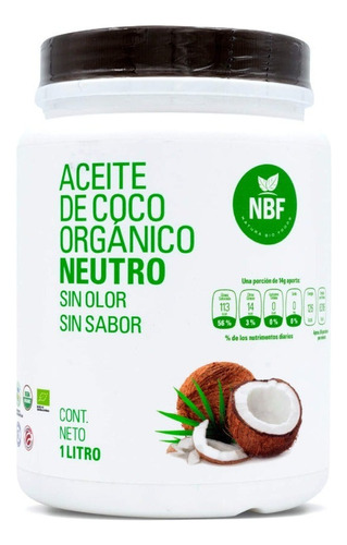 Aceite Coco Organico Neutro Nbf 1 Litro Sin Sabor Ni Olor